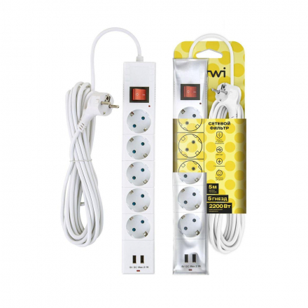 Сетевой фильтр Duwi 2хUSB 5гн 5м с/з 32588 8