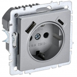 Розетка 1-местная 16А с USB A+С 18 Вт IEK Brite с зазем. и защит. шторками РЮш11-1-БрА алюминий BR-R14-16-U22-018-K47