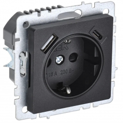 Розетка 1-местная 16А с USB A+С 18 Вт IEK Brite с зазем. и защит. шторками РЮш11-1-БрЧ черная BR-R14-16-U22-018-K02