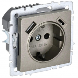 Розетка 1-местная 16А с USB A+С 18 Вт IEK Brite с зазем. и защит. шторками РЮш11-1-БрШ шампань BR-R14-16-U22-018-K37