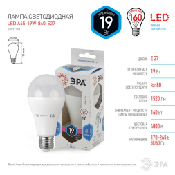 Лампа светодиодная ЭРА E27 19W 4000K матовая LED A65-19W-840-E27 Б0031703