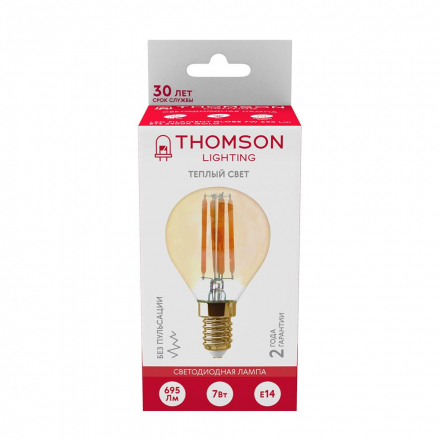 Лампа светодиодная филаментная Thomson E14 7W 2400K шар прозрачная TH-B2122