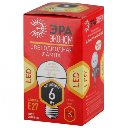 Лампа светодиодная ЭРА E27 6W 2700K матовая ECO LED P45-6W-827-E27 Б0020629