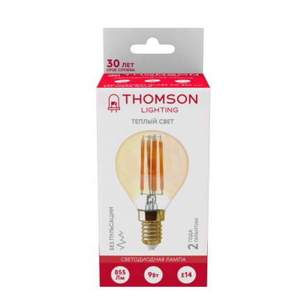 Лампа светодиодная филаментная Thomson E14 9W 2400K шар прозрачная TH-B2123