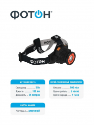 Налобный светодиодный фонарь Фотон аккумуляторный 80х65 180 лм SА-900 23084