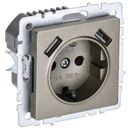 Розетка 1-местная 16А с USB A+A 2.1А IEK Brite с зазем. и защит. шторками РЮш10-1-БрШ шампань BR-R14-16-U21-D21-K37