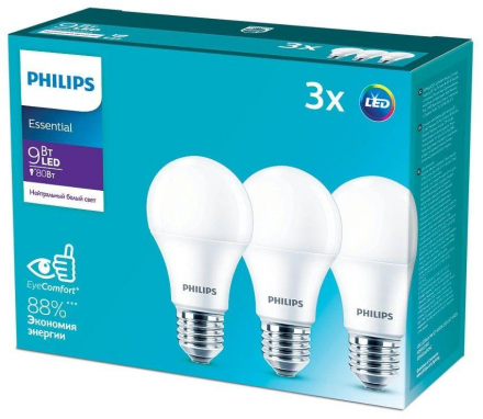 Лампа светодиодная Philips E27 9W 4000K матовая (3 шт) 929002299347